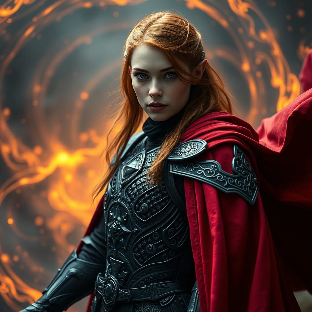 Mystical Half-Elf Mage in Ornate Black Armor