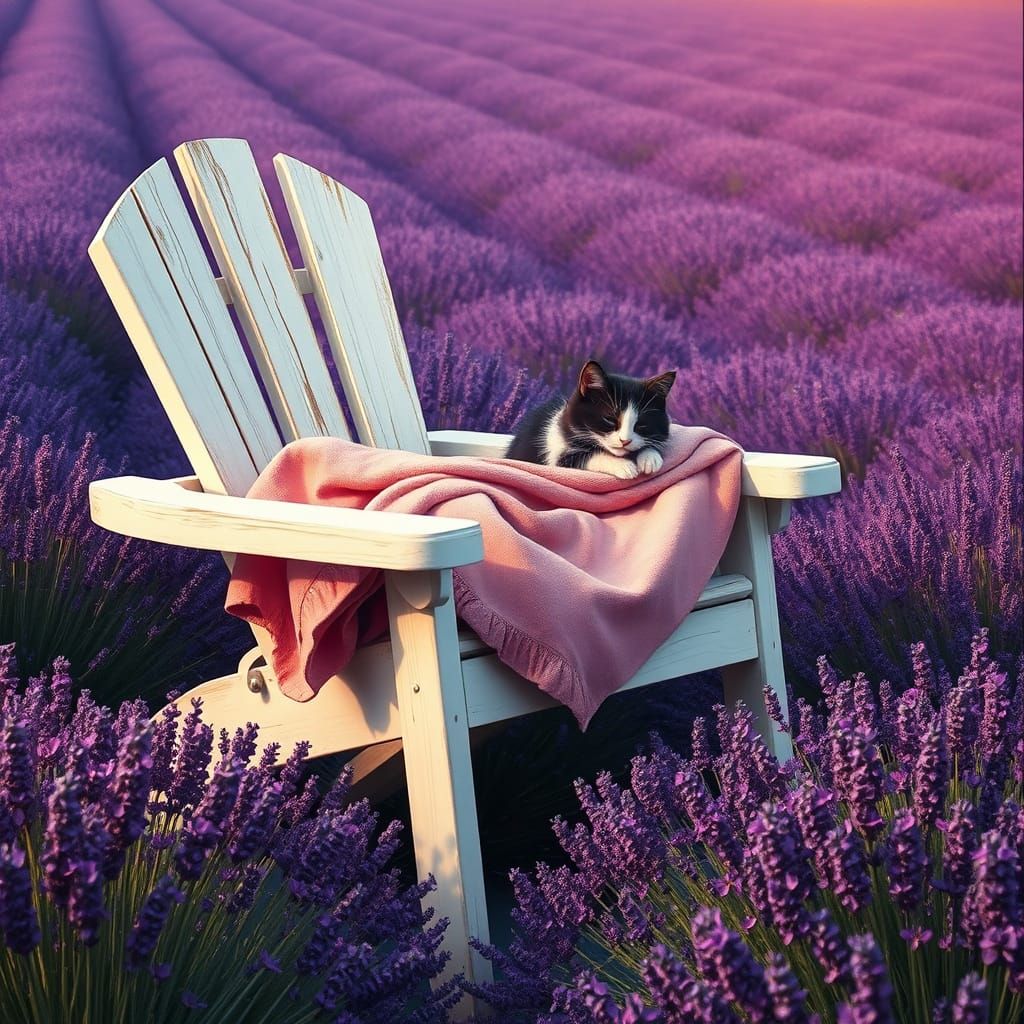 Dark Purple Lavender Field with Adirondack Chair and Kitten