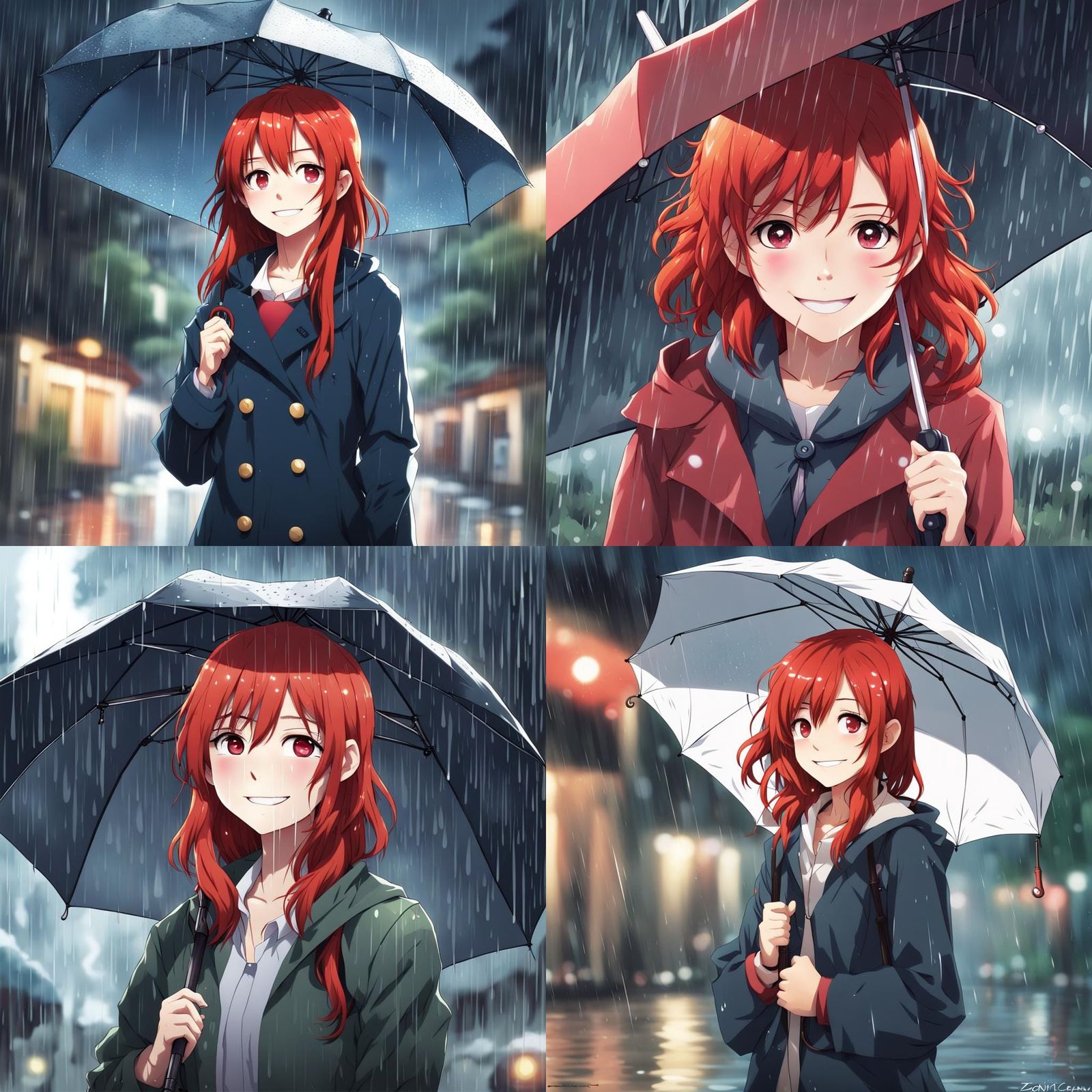 Vibrant Red Haired Girl Smiles in Rainy Weather