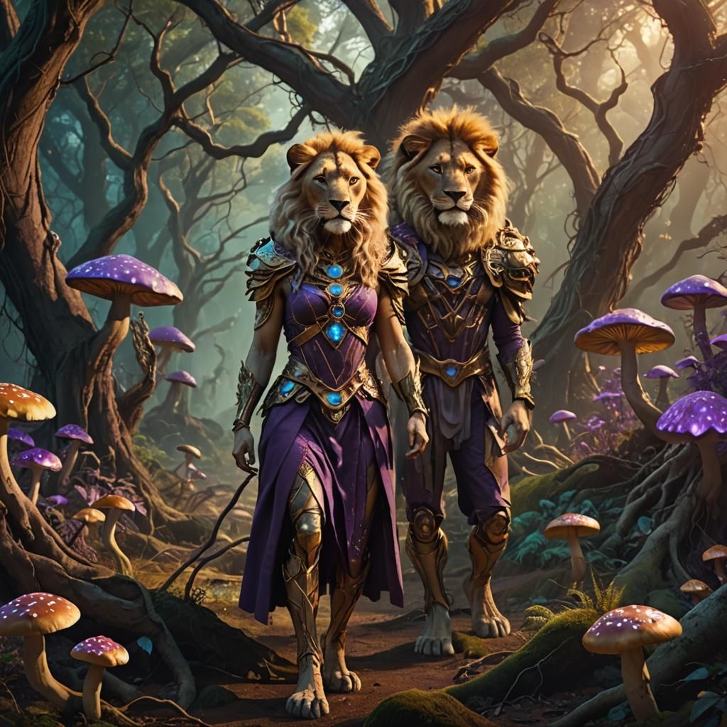 Golden Hour Goddess: Lioness Woman Hybrid in Ancient Forest