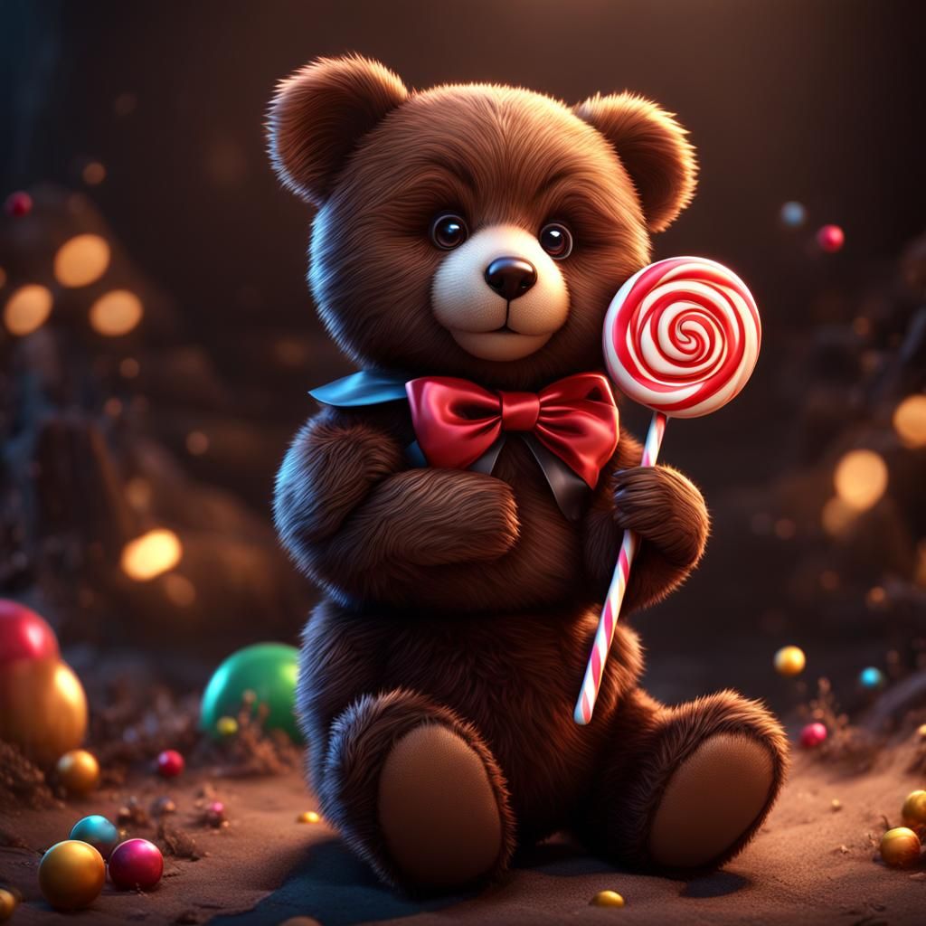 Cute Dark Brown Teddy Bear in Lollipop Fantasy Scene