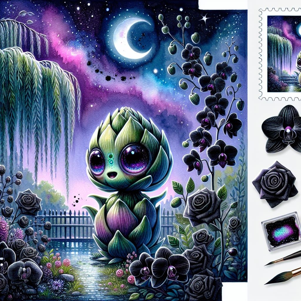 Whimsical Gothic Chibi Artichoke in a Vibrant Watercolor Gar...