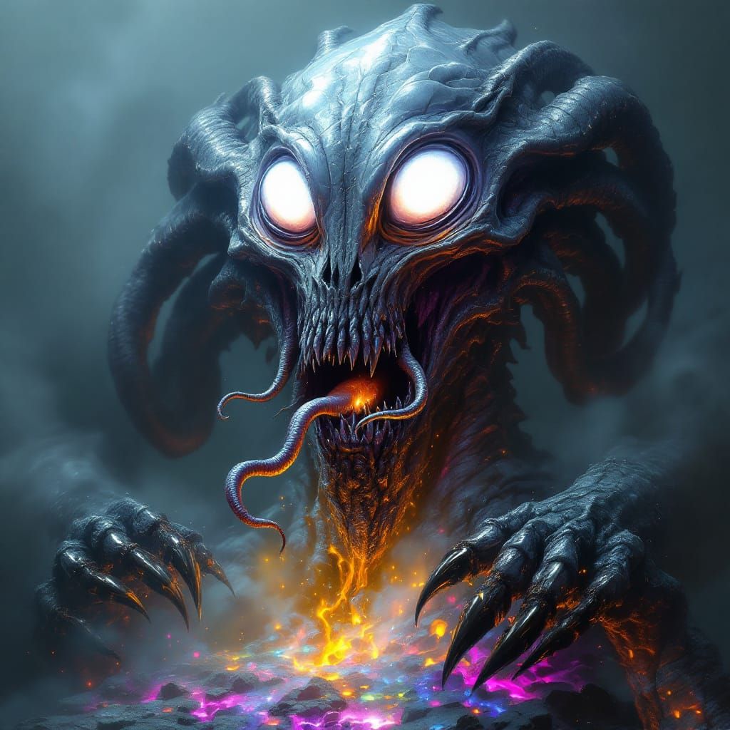 Grotesque Alien Behemoth in Dark Bioluminescent Haze