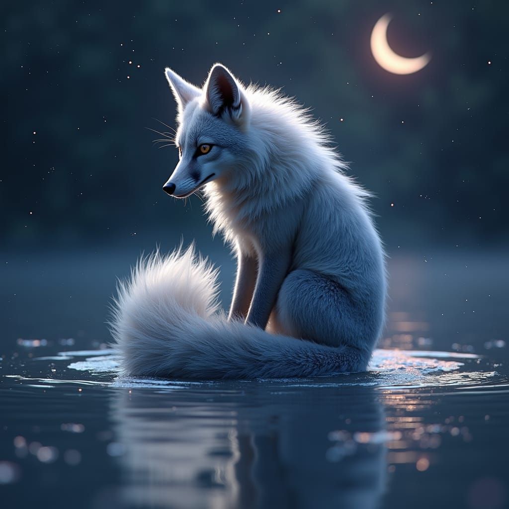 Serene Nine-Tailed Fox on Lunar Lake in Holographic Art