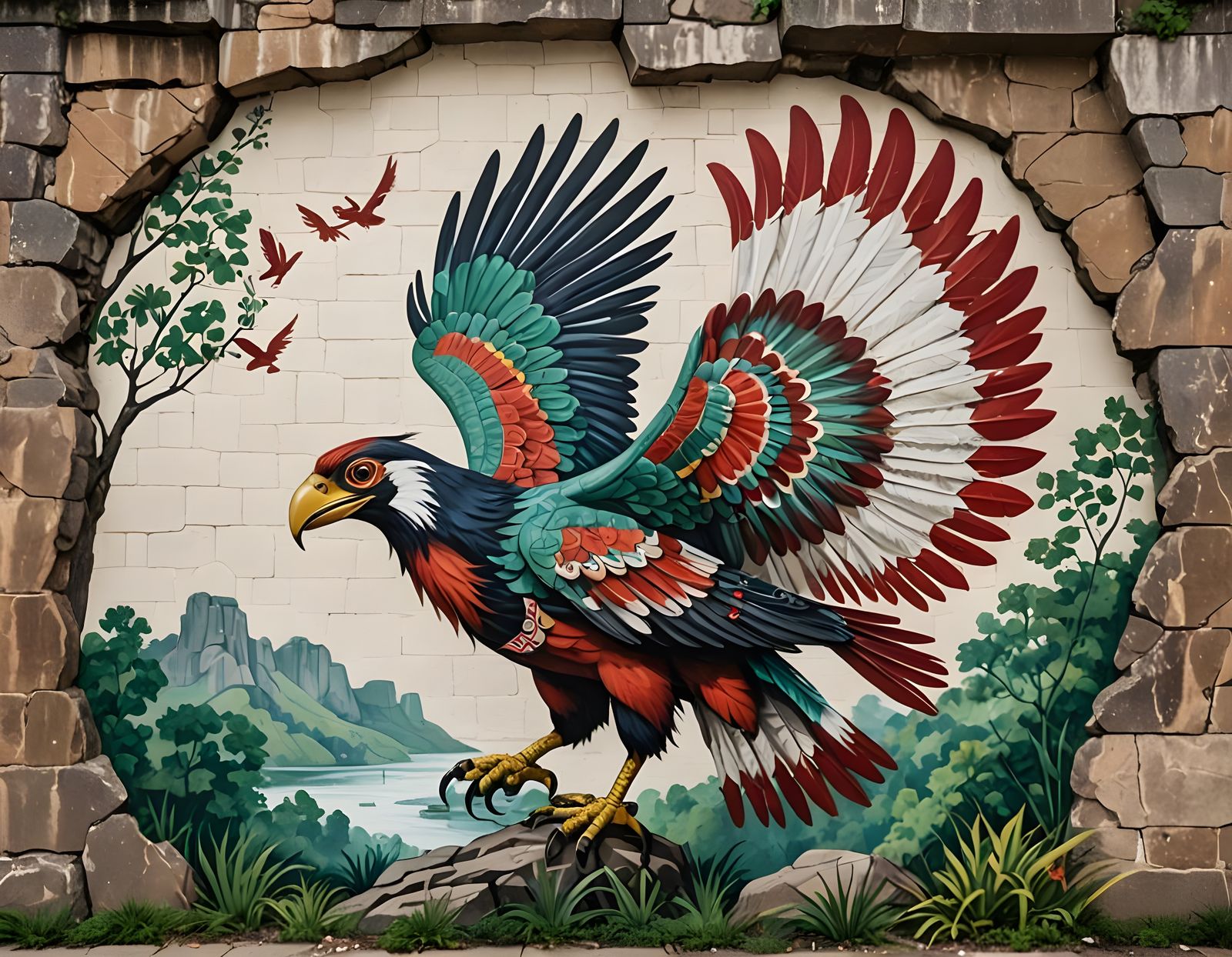 Native American Mythical Bird of Prey Depicted in a Cliffsid...