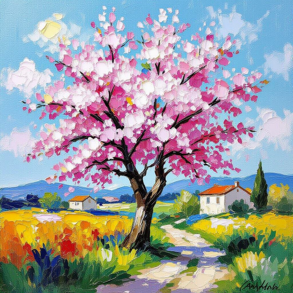 Almond Tree in Bloom as Impasto Painting