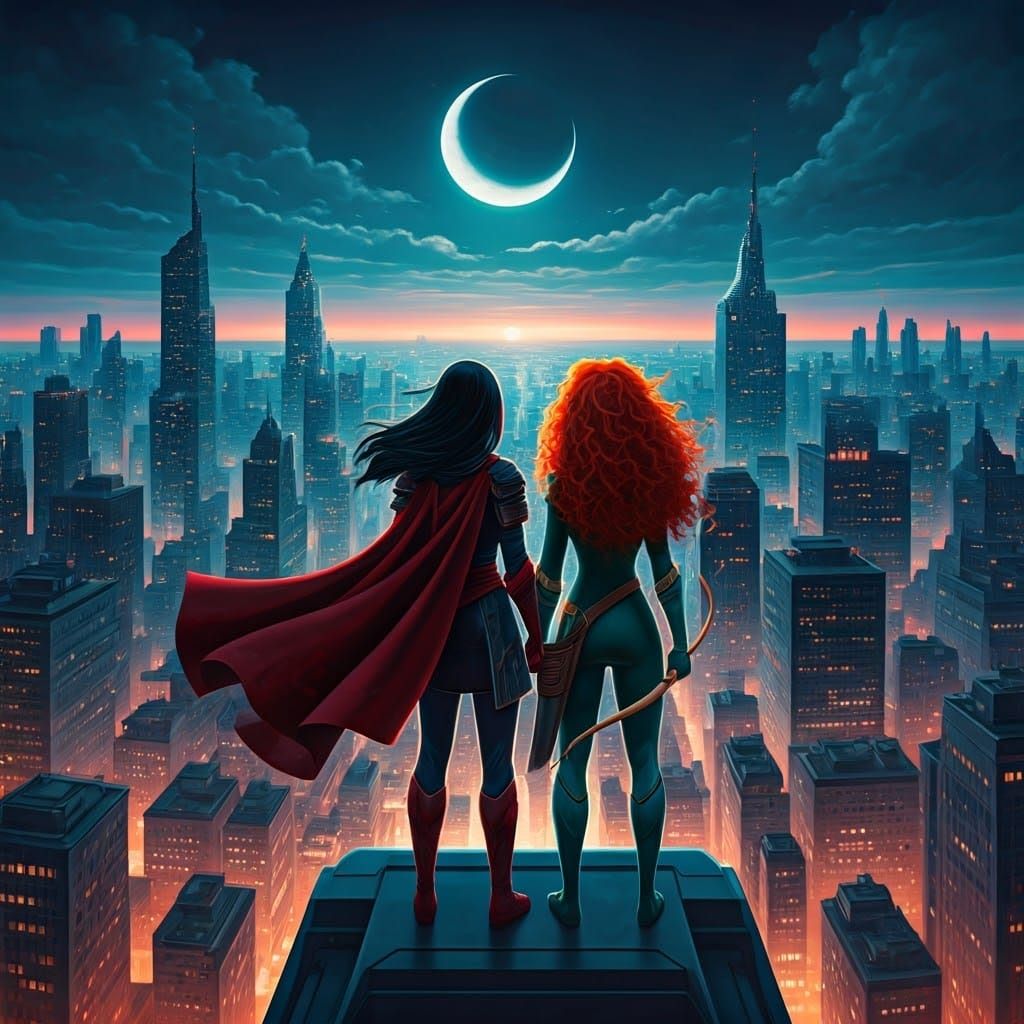 Superhero Icons Mulan and Merida Defend the Metropolis