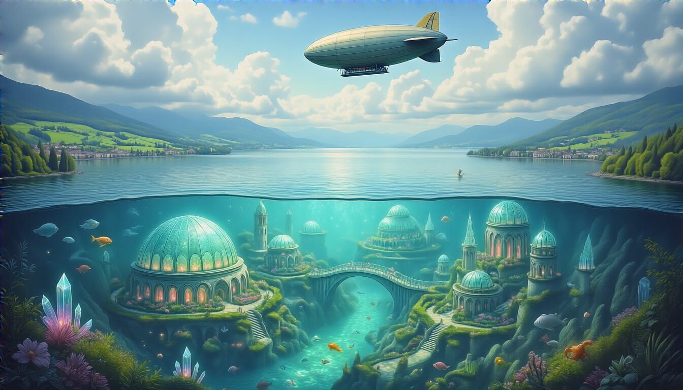 Fantastical Underwater City Below Lake Constance with Zeppel...