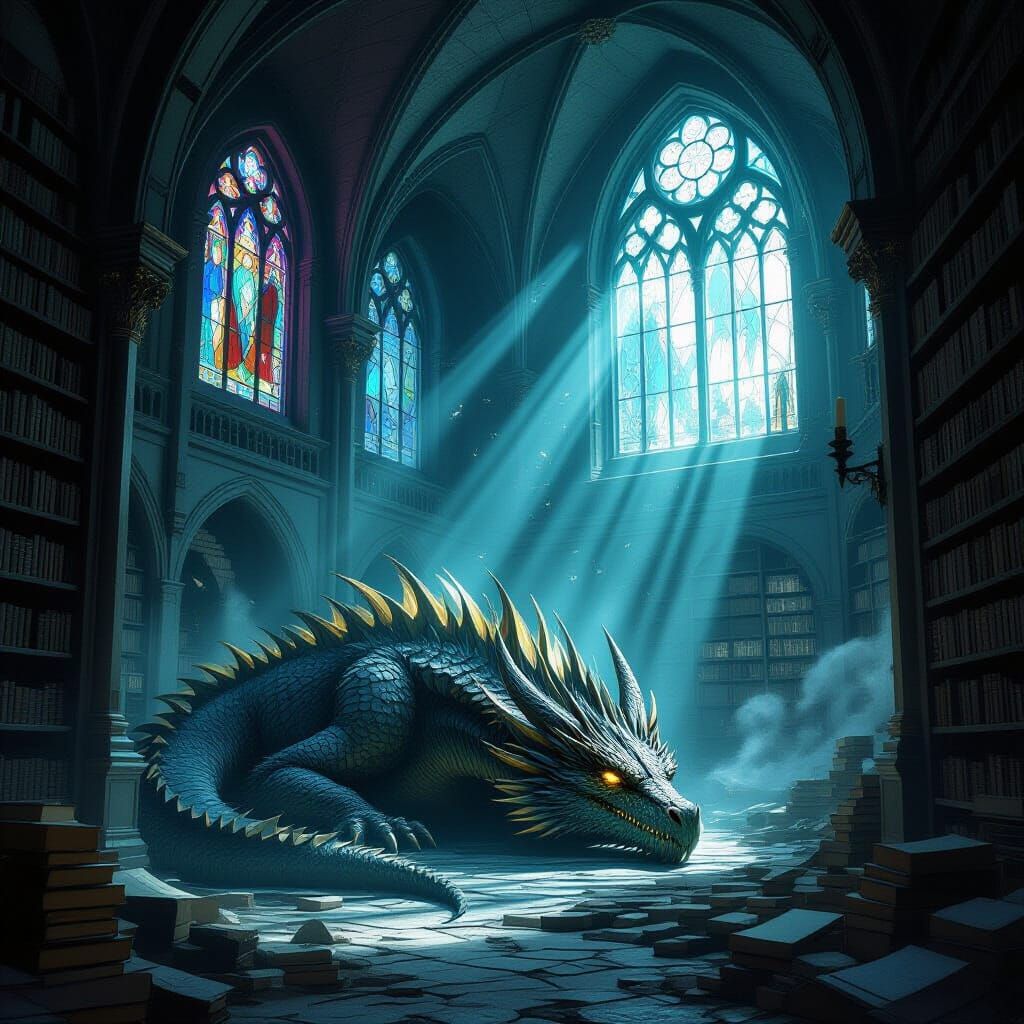 Ancient Dragon Sleeps in Moonlit Library