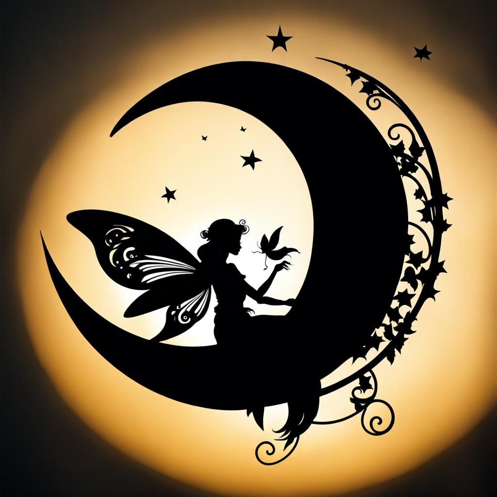 Fairy Silhouetted on Crescent Moon in Nouveau Style