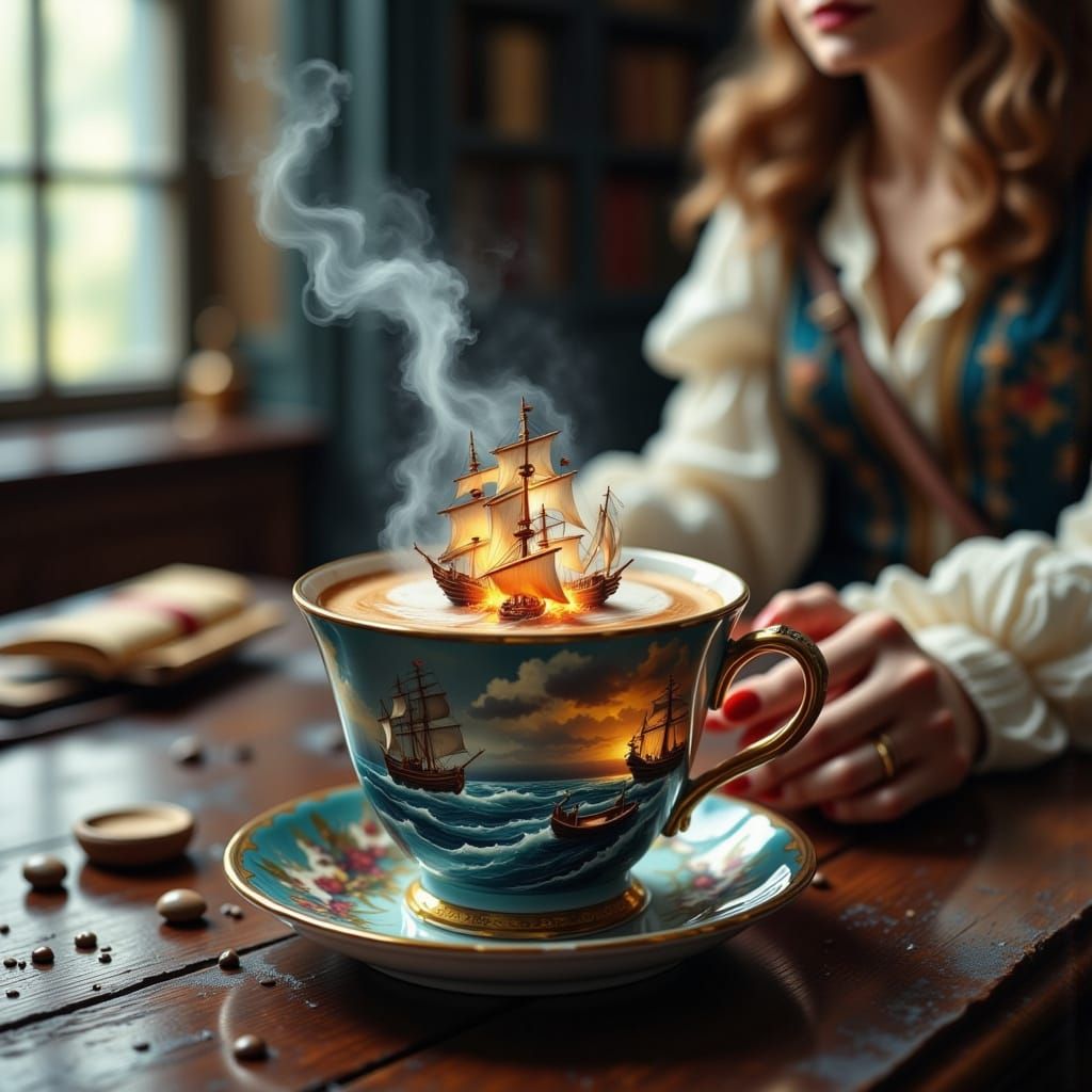 Pirate Woman's Espresso Sea Battle in Hyperrealism