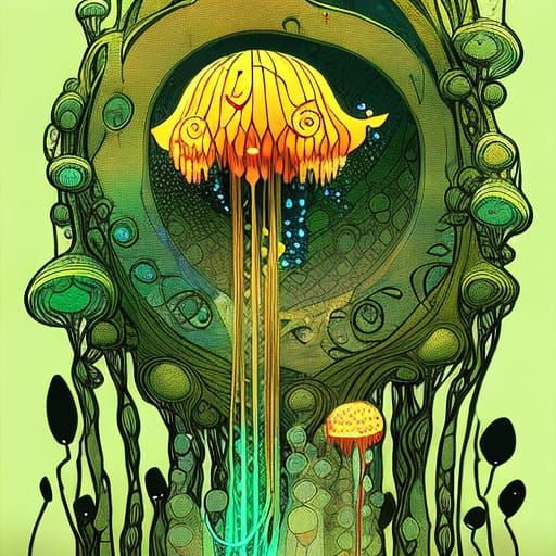 Enchanted Forest Dreamscape with Girl and Glowing Jellyfish