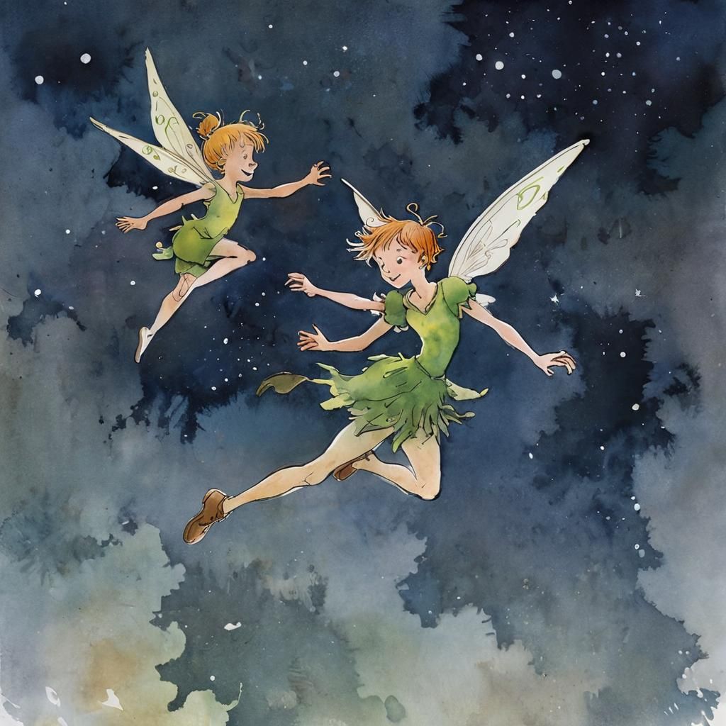 Peter Pan and Tinker Bell Soar Under a Celestial Sky