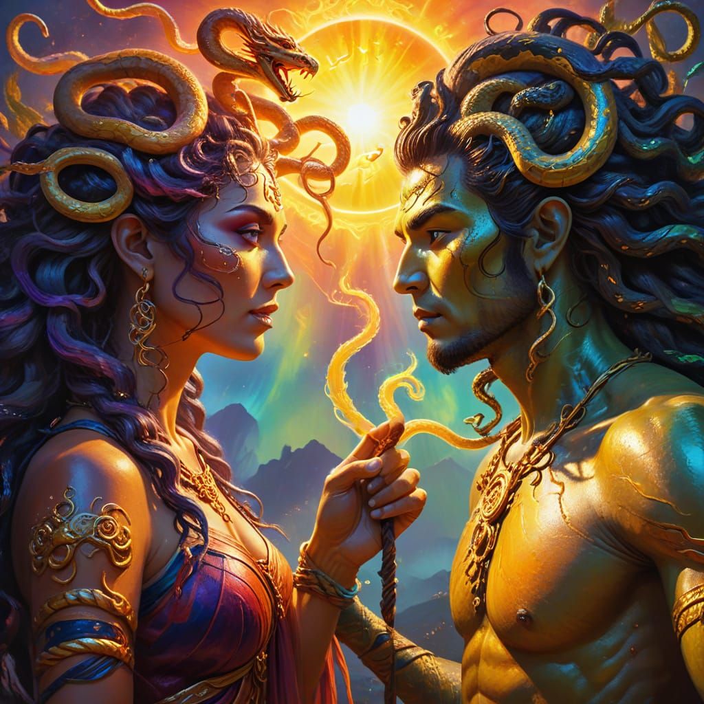Medusa and Sun Wu Kong: Mythic Oil Painting