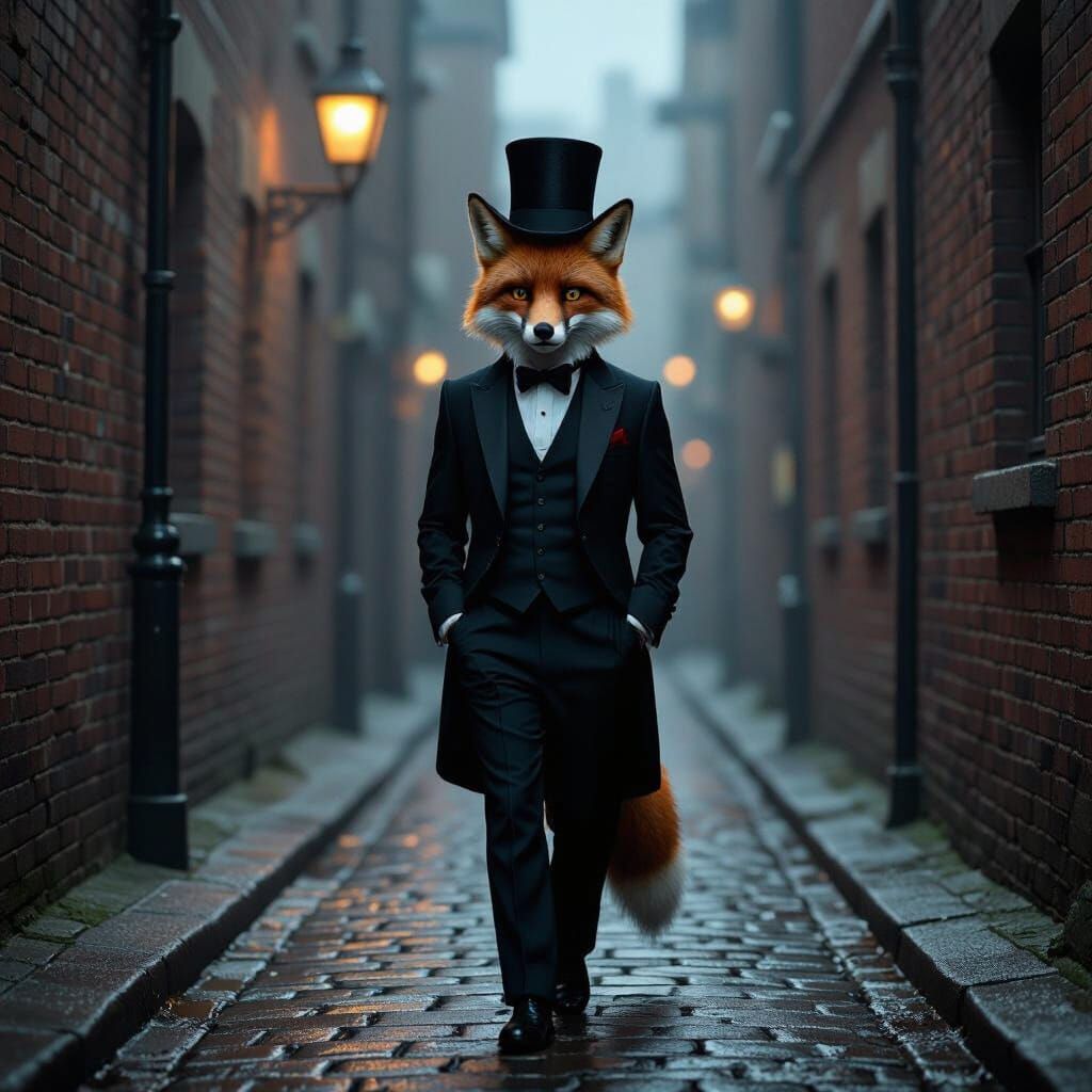 Fox Gentleman Strolling Victorian London Alleyway