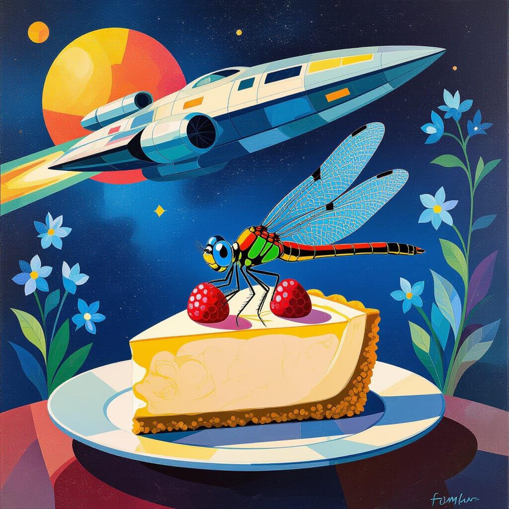 Fauvist Dragonfly on Cheesecake in Cosmic Steampunk Scene