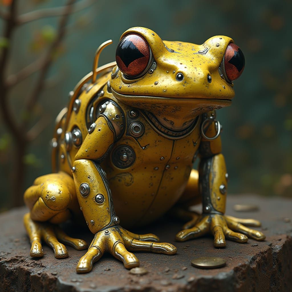 Golden Cybernetic Frog in Surrealist Dreamscape