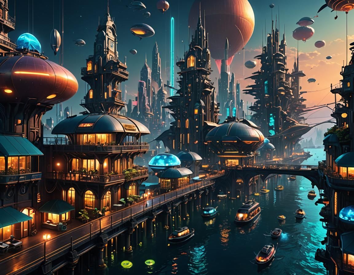 Futuristic Cityscape on Floating Platforms Above Endless Oce...