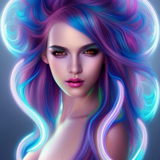 Ethereal Beauty in Neon Hair, Hyper-Realistic Fantasy Art