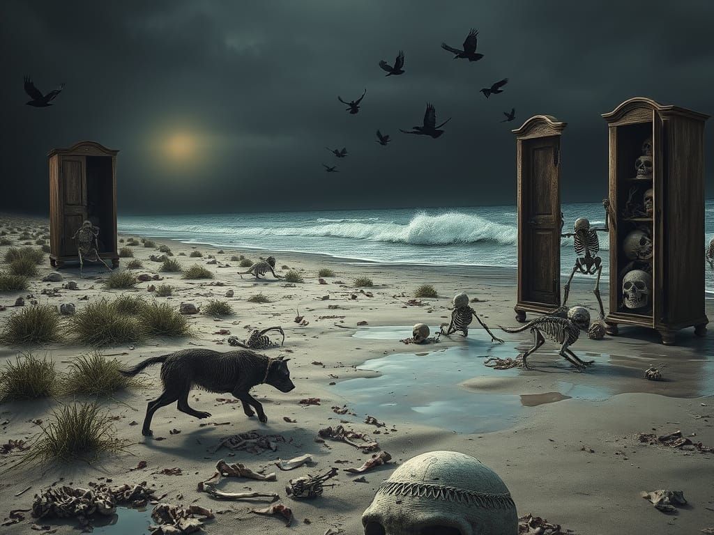 Post-Apocalyptic Beach Scene with Skeletons and Wardrobes