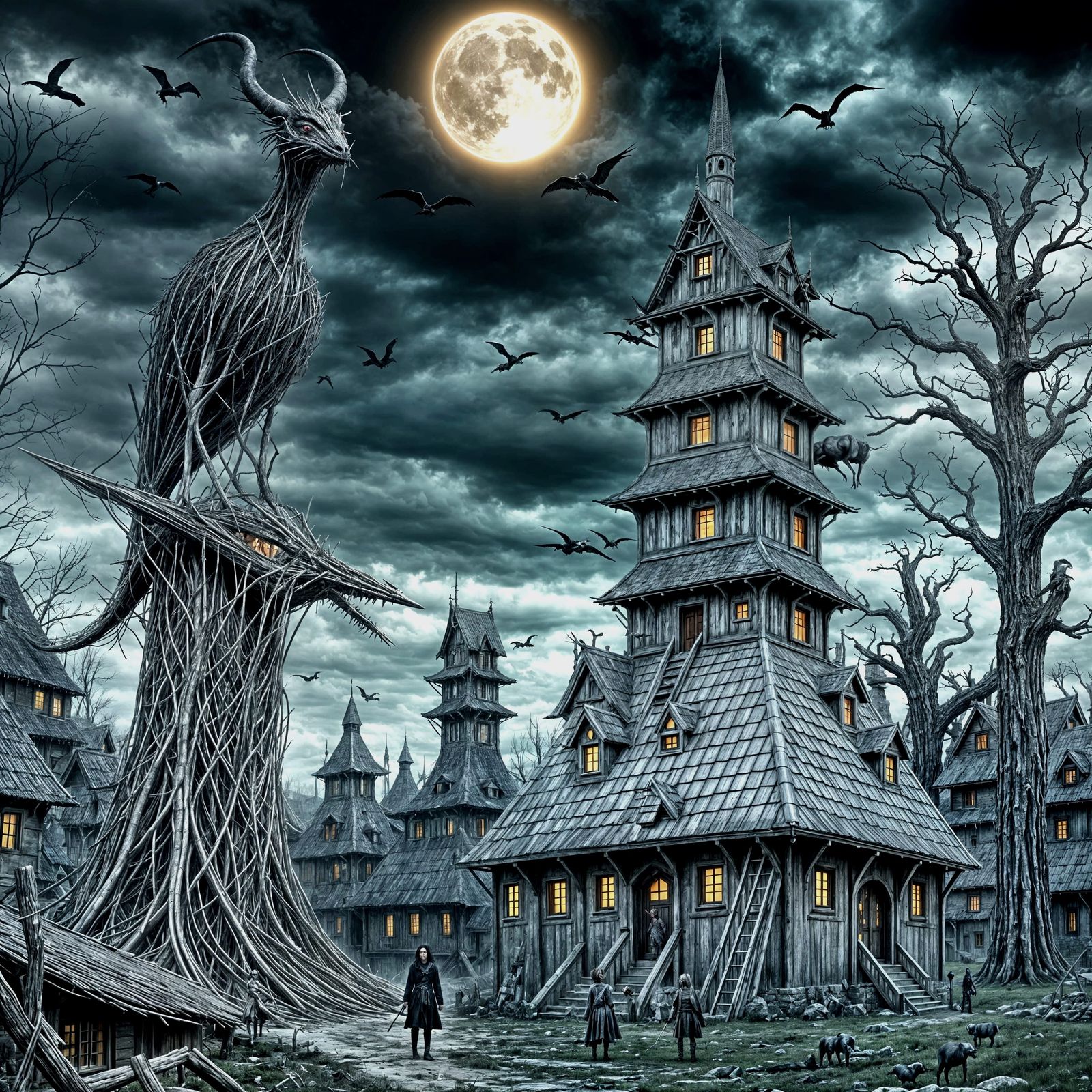 Surreal Village Scene in Tim Burton Style