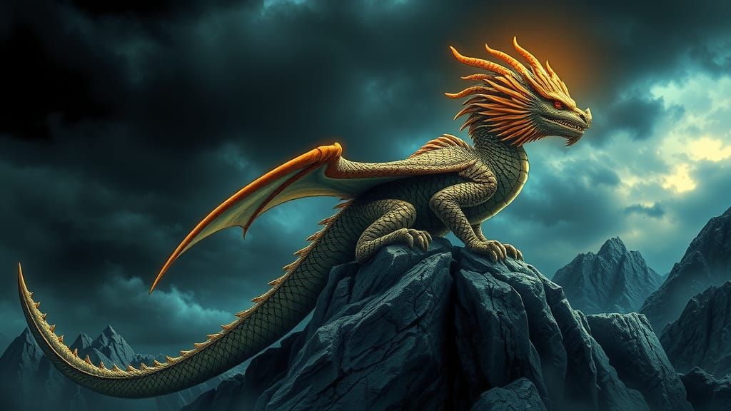 Majestic Dragon with Golden Crown on Mountain Peak
