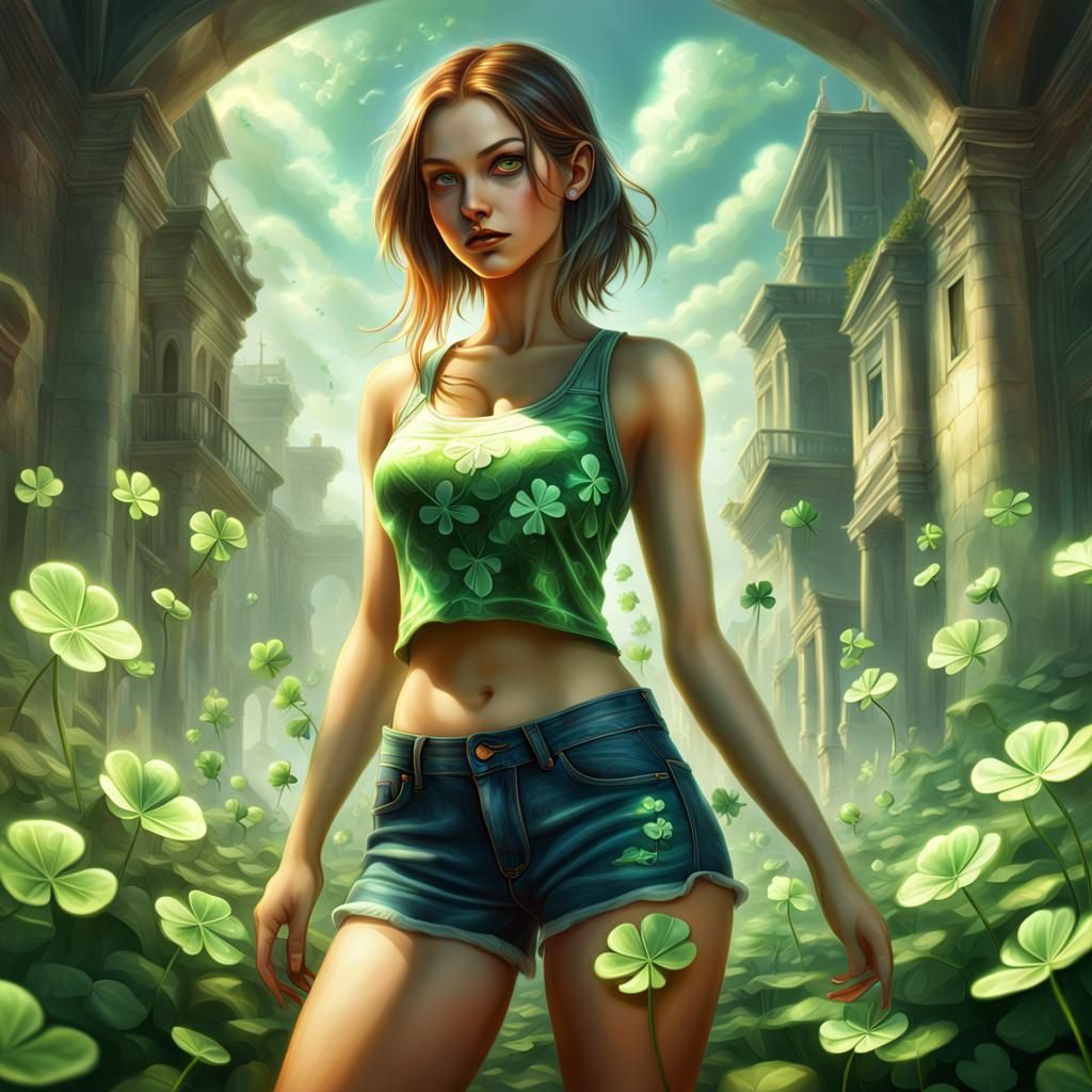 Pretty Girl Wishes upon Four-Leaf Clover in Vibrant Dreamlik...