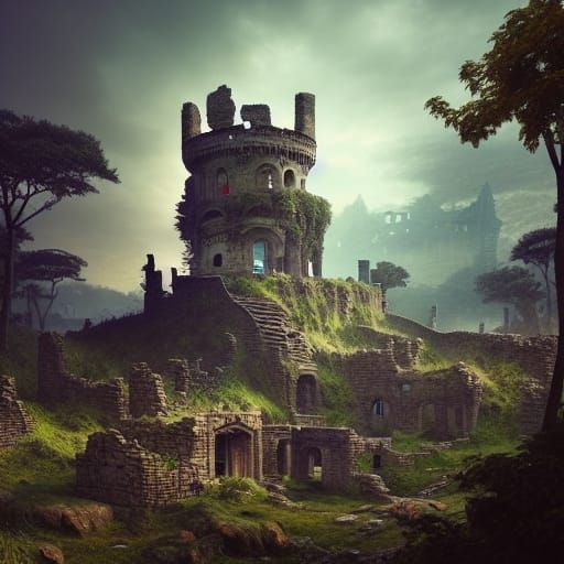 Ethereal Castle Ruins in Realistic Adobe Photoshop Style