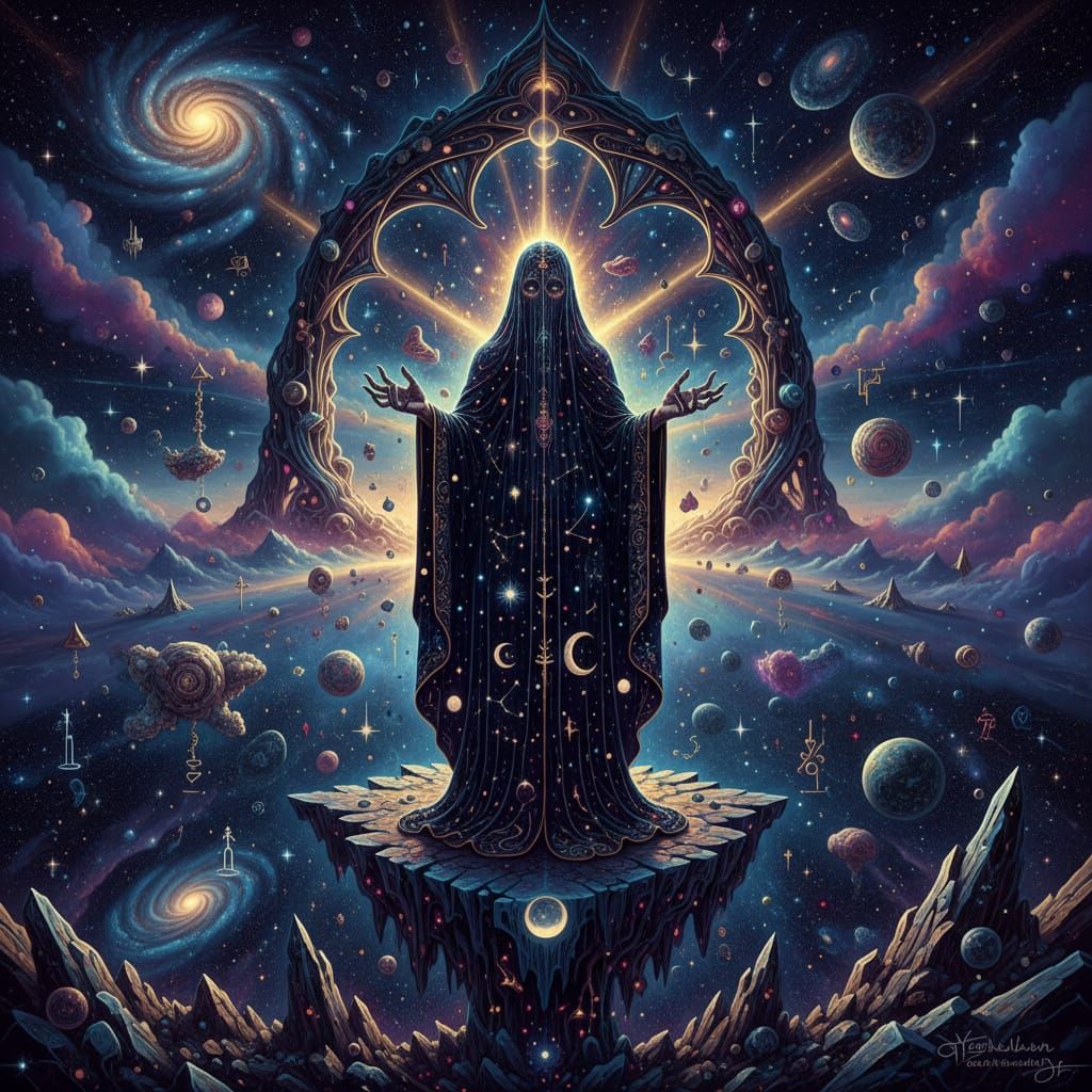 Mystic at Cosmic Precipice in Surreal Dalí-Giger Style