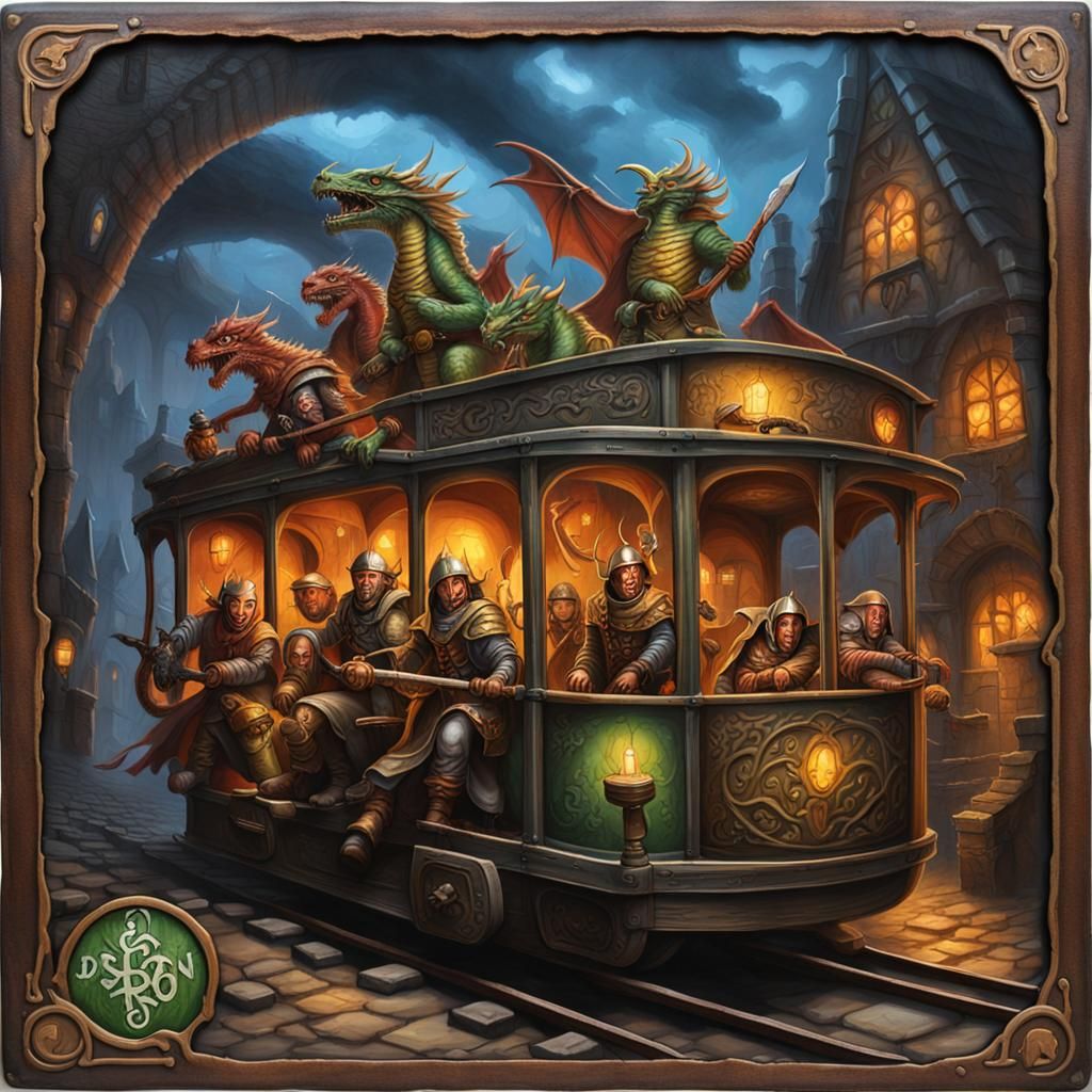 Board game, dungesneden and dragons theme, with trolley and faries, clean oil painted airbrush