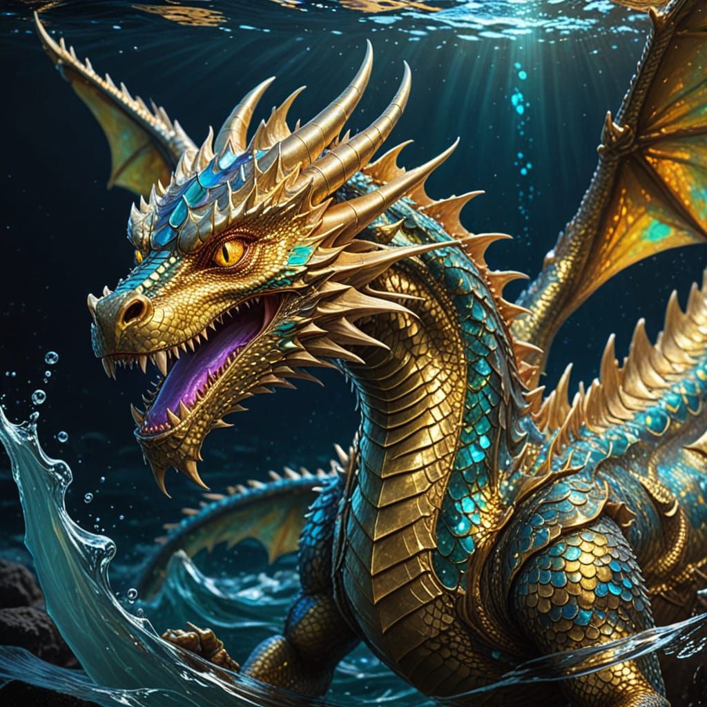 Gold Dragon Emerges From Ocean Depths in Fantasy Art Style