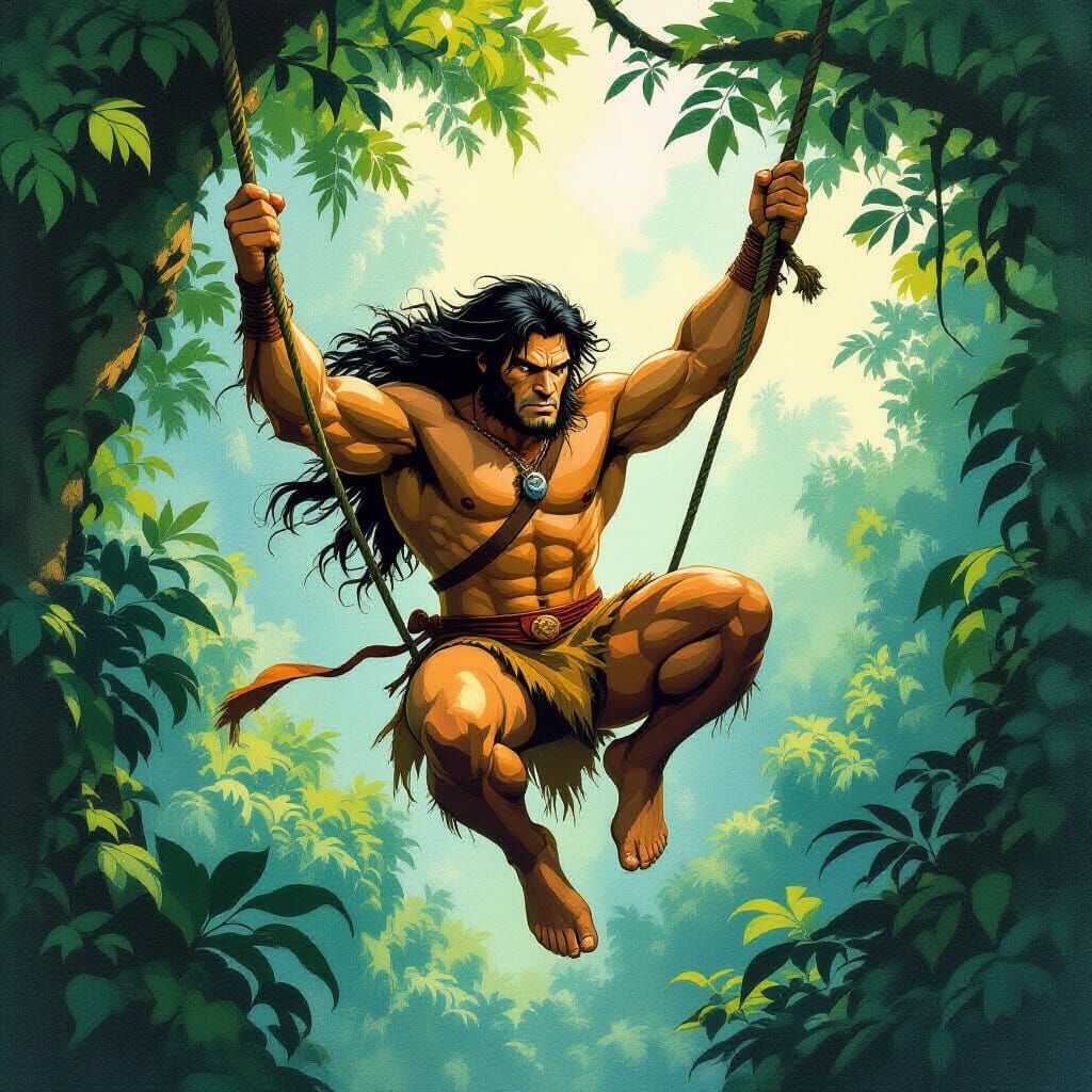 Tarzan Swings Through Jungle: Digital Illustration