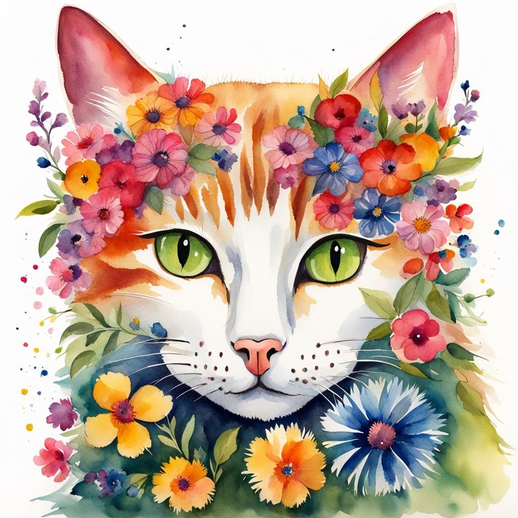 Whimsical Watercolour Feline with Floral Fur
