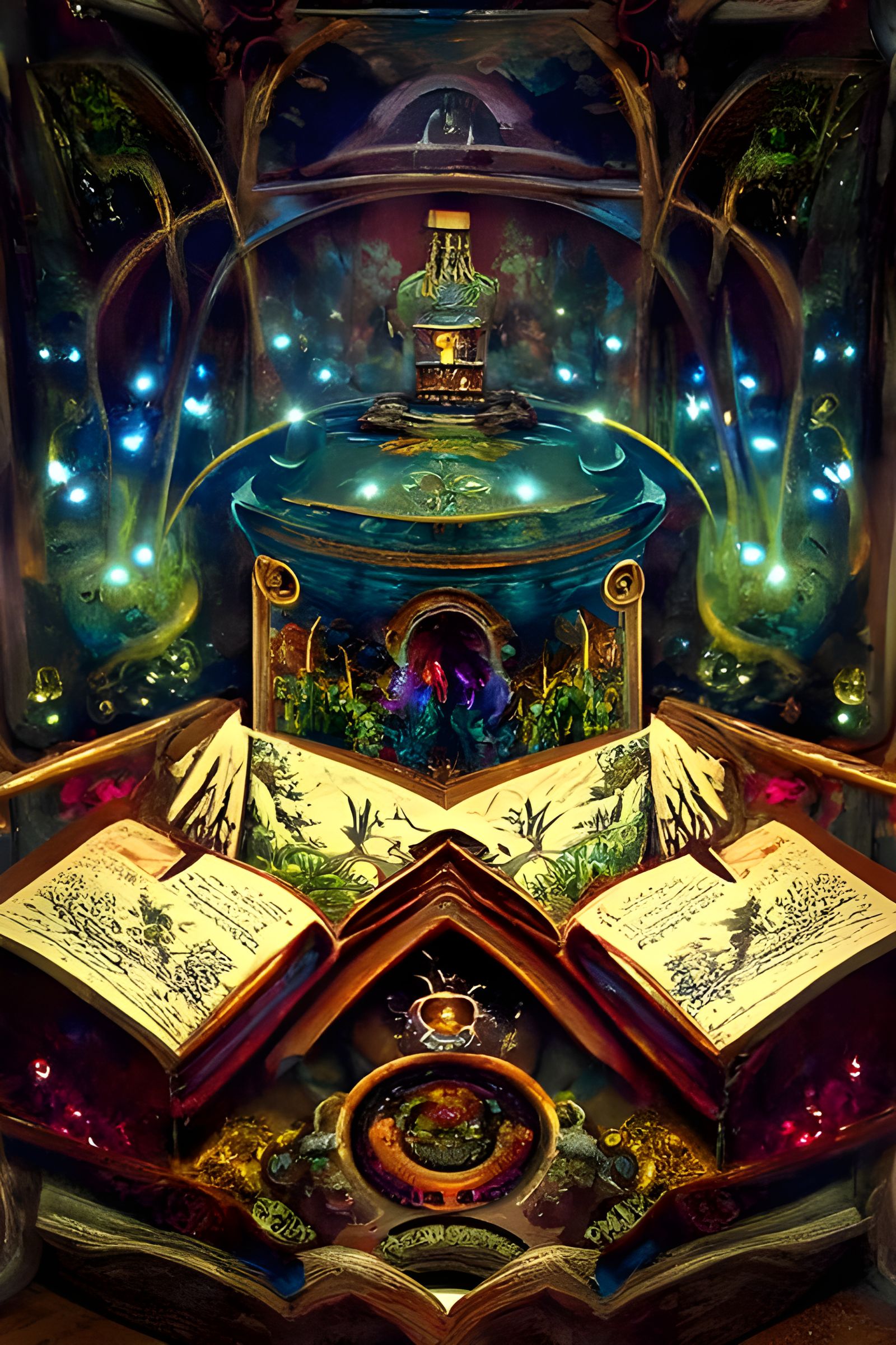 Surreal Book of Alchemy in Ethereal Fantasy Atmosphere