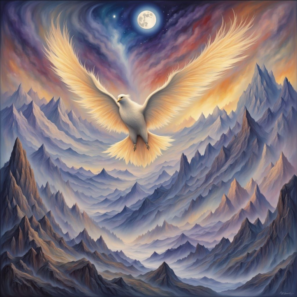 Majestic Eagle Soars Over Snowy Mountains in Fantasy Art Sty...