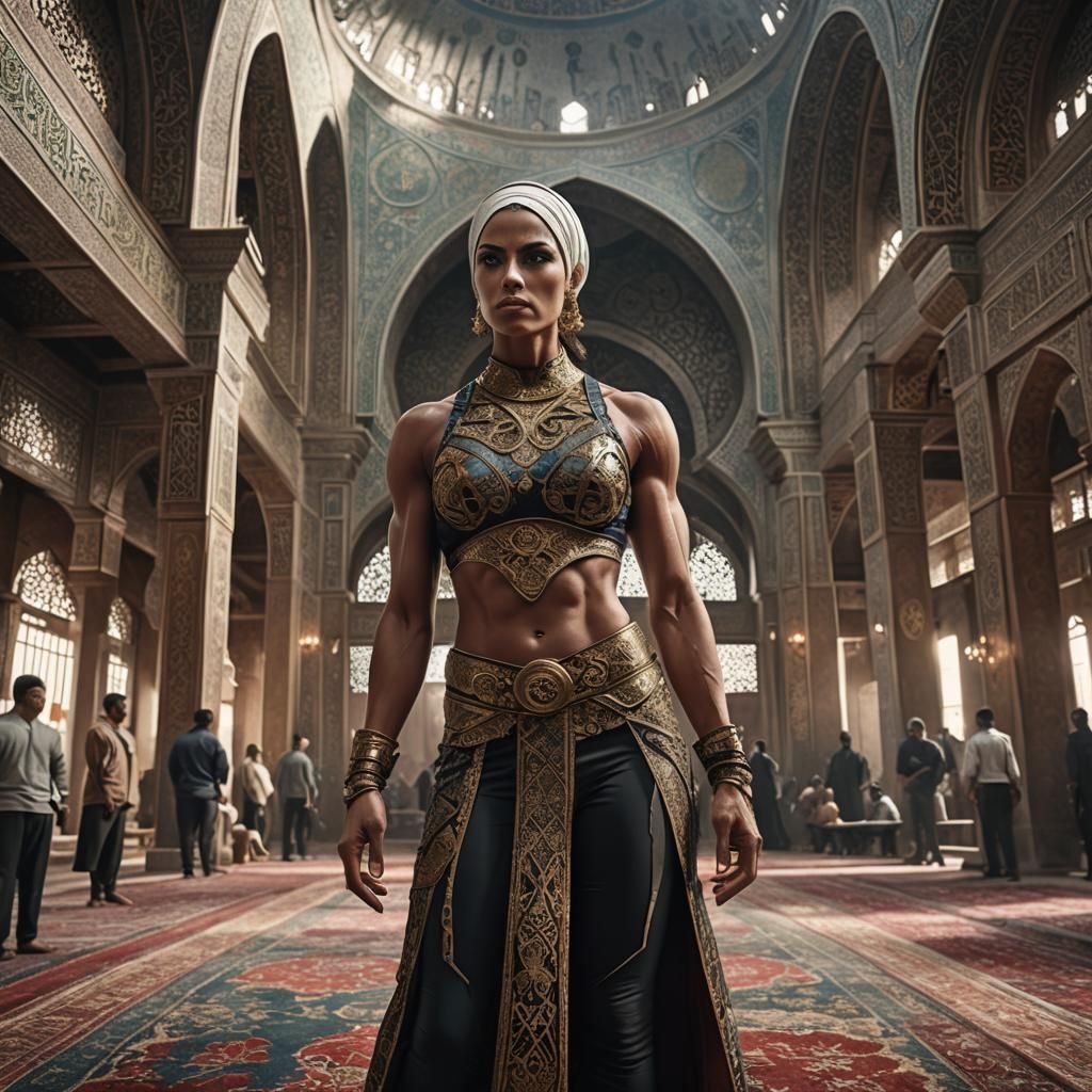 Epic Bodybuilder Women at Mosque in Dramatic Digital Paintin...