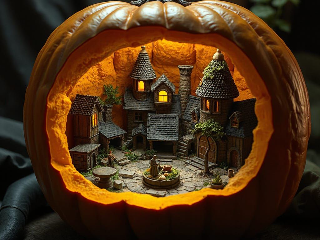 Miniature Village Thrives Inside a Pumpkin, Hyper-Realistic