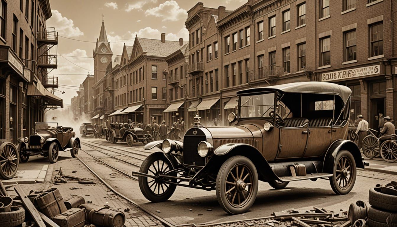 Vintage Sepia Sketch of Rustic Car and Inventor's Workshop