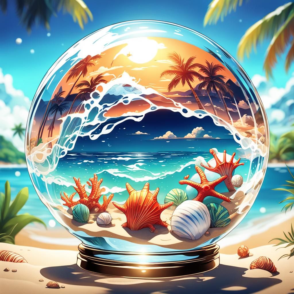 Stunning Glass Ball Art with Beach Motif and Conch Shells