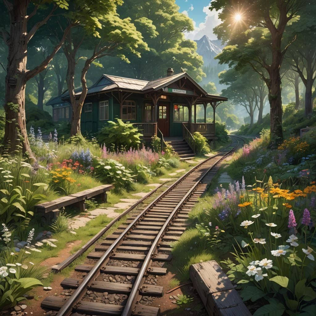 Lush Summer Railway Station Amidst Majestic Mountains and Fo...