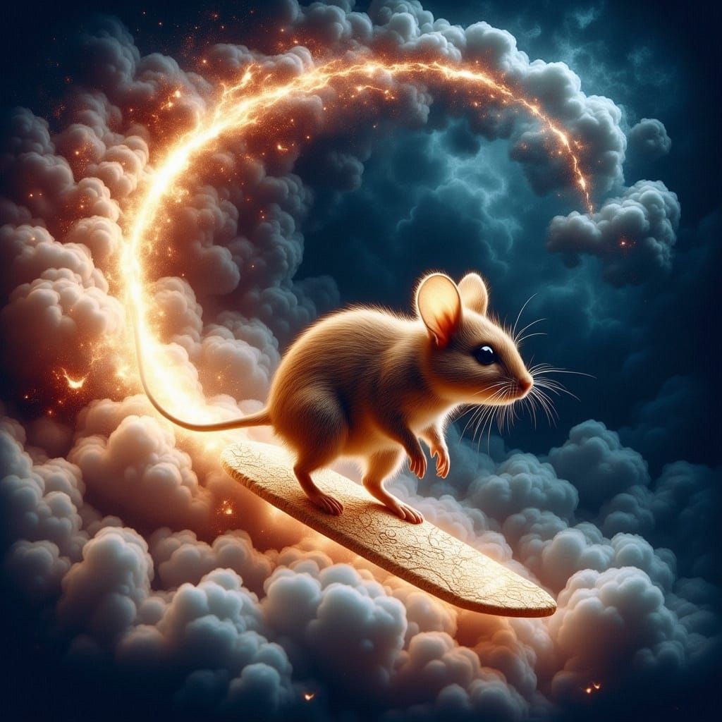 <lora:-Memories-:1.0> Worm's eye view of a kawaii mouse surf...