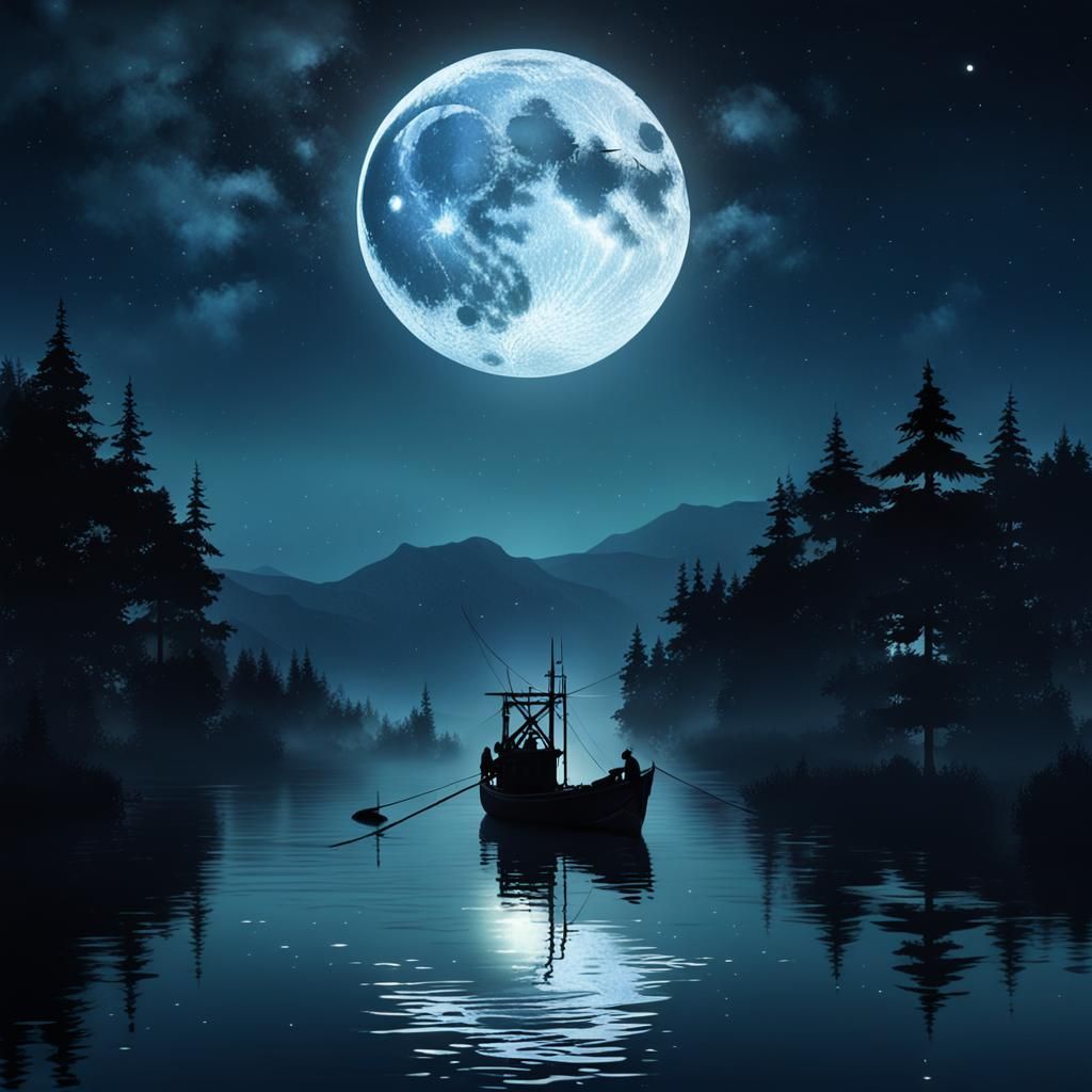 On the calm lake under a full moon