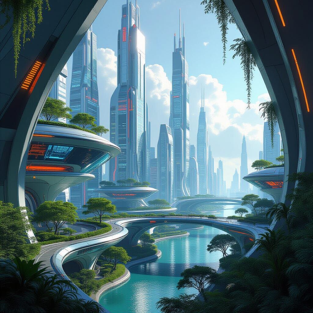 Futuristic Cityscape with Sleek Skyscrapers and Greenery
