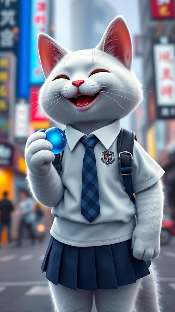 Anthropomorphic Cat in City School Uniform, Holding Glowing ...