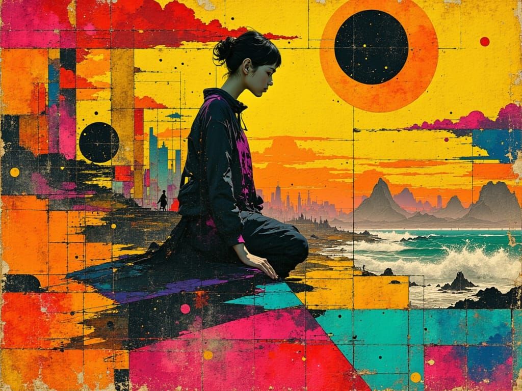 Woman in Abstract Cityscape, Retro-Futurist Style