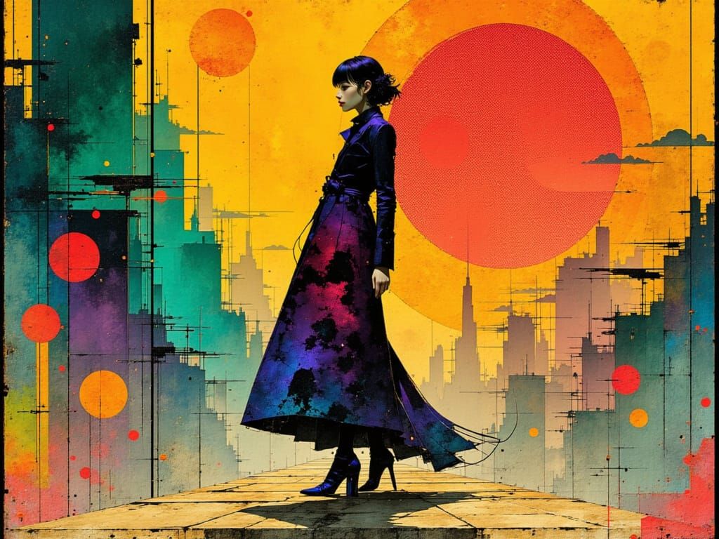 Futuristic Woman in Geometric Cityscape, Abstract Expression...