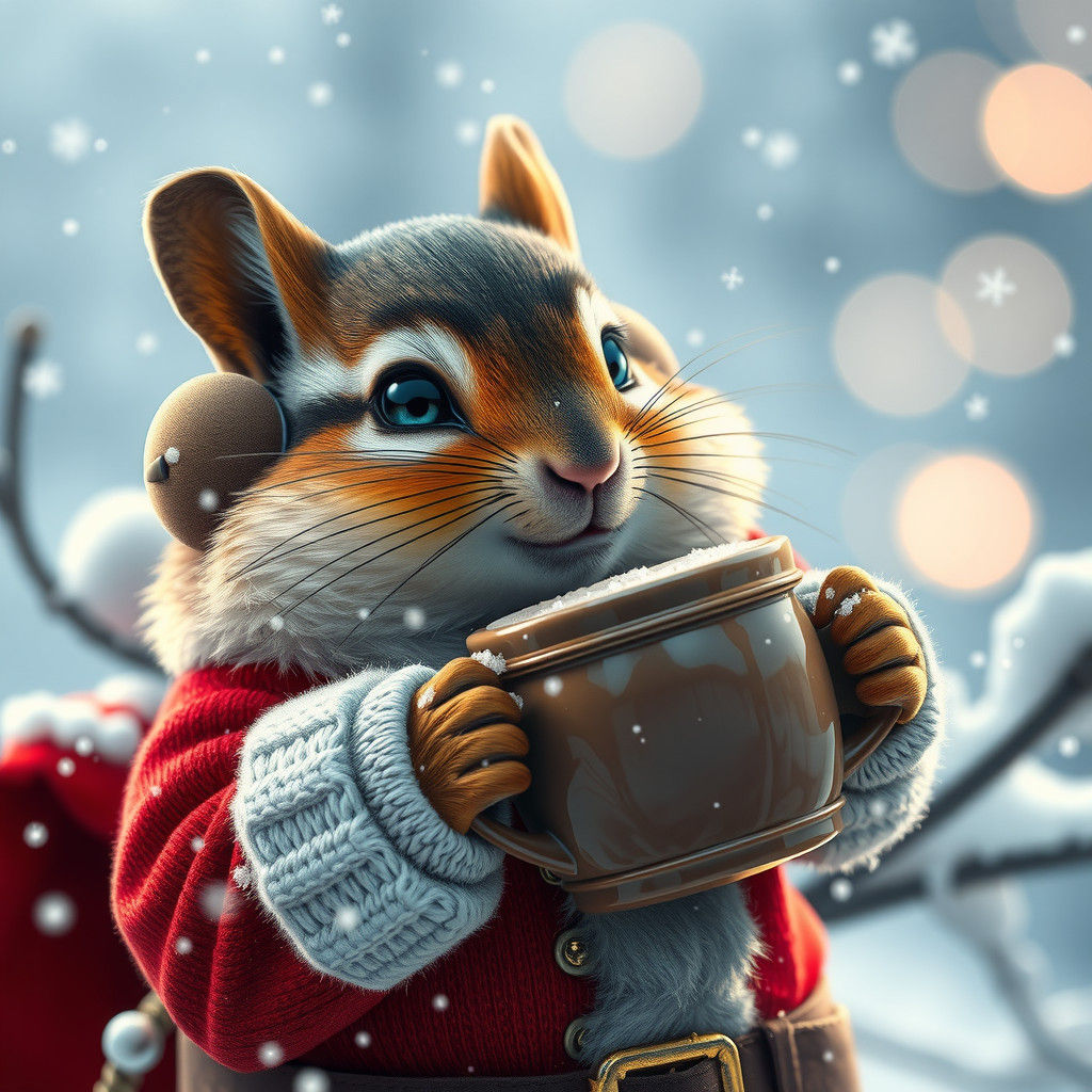 Surreal Winter Wonderland Scene with Chipmunk in Santa Suit