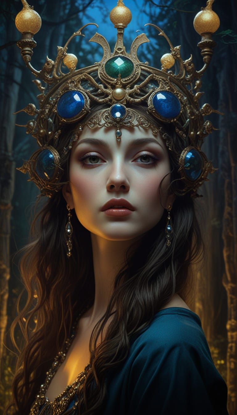 Mysterious Queen Ascends Moonlit Stairs in Surreal Digital M...