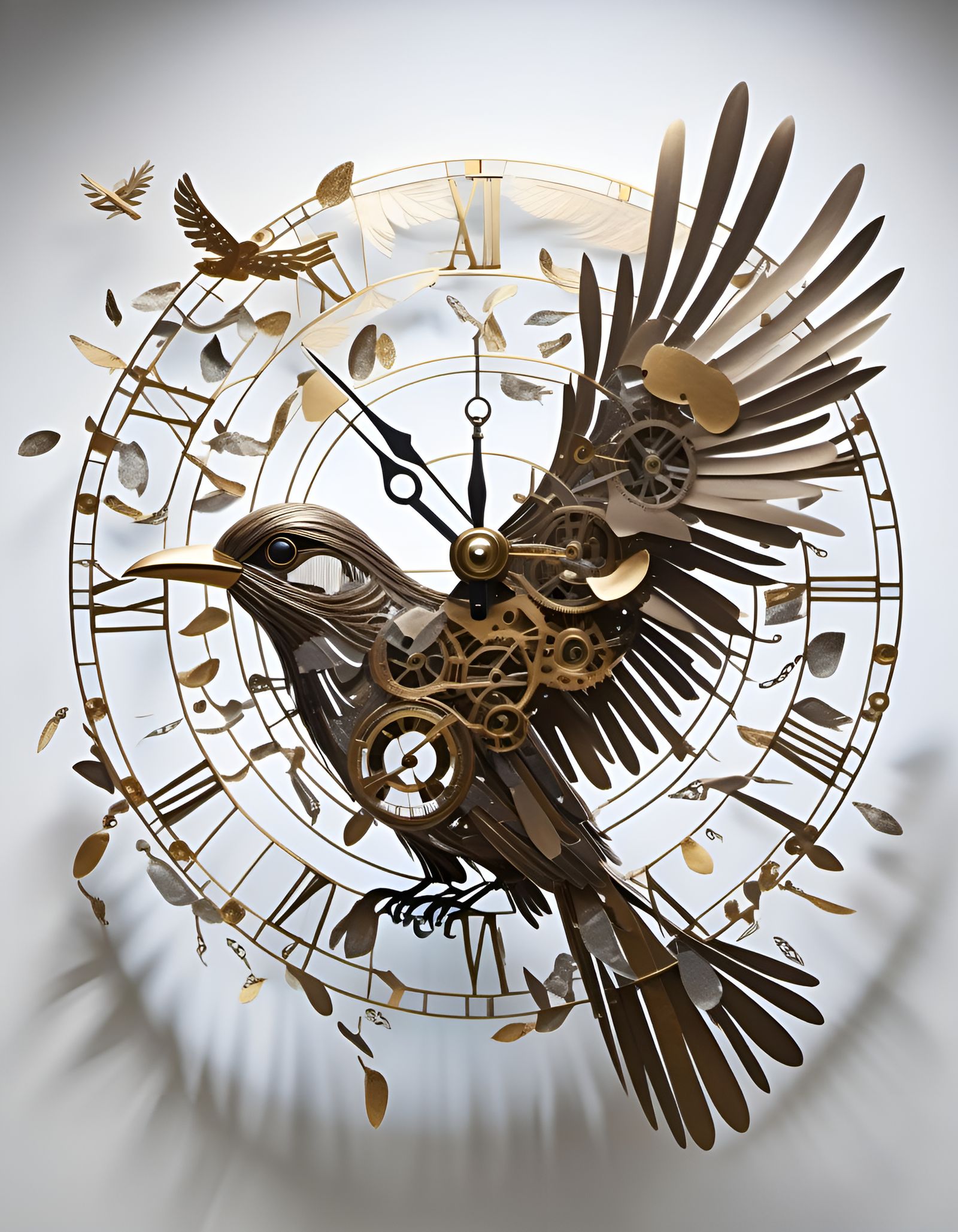 Flying Avian Form from Shattered Clocks in Timeless Beauty