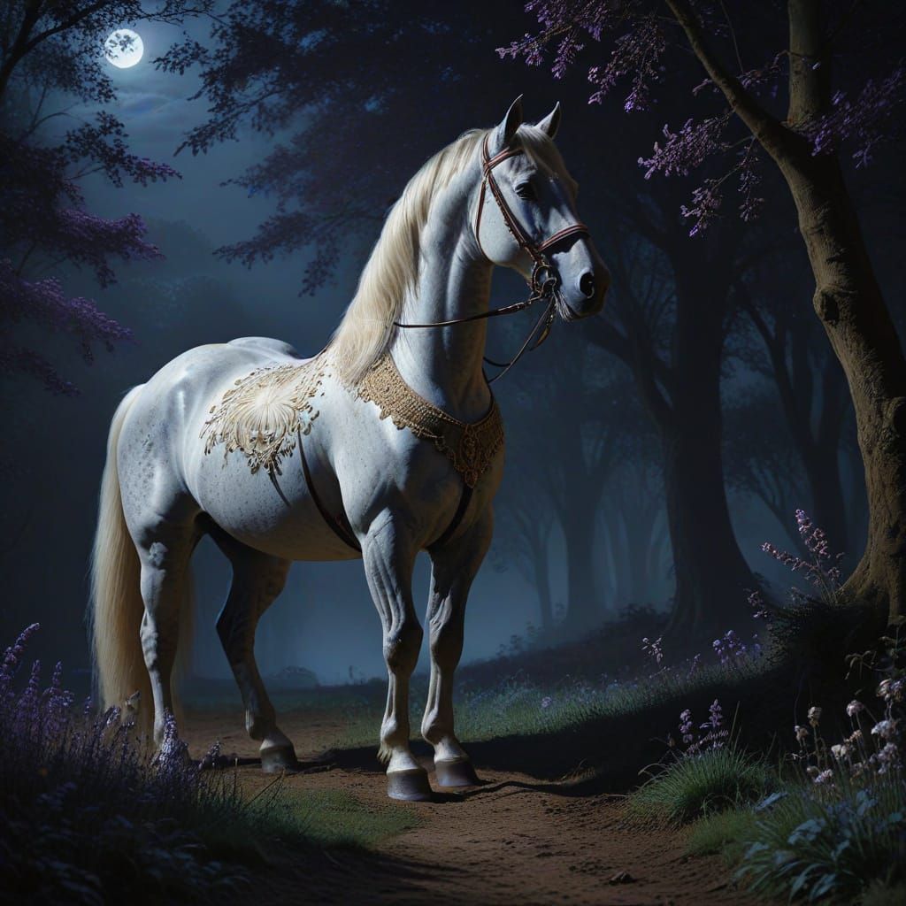Elegant Neoclassical Equestrian Portrait in Moonlit Serenity
